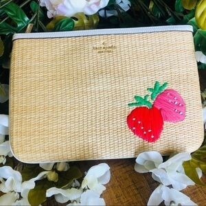 Kate Spade Strawberries Woven Straw Zip Pouch Clutch Saffiano Trim NWT